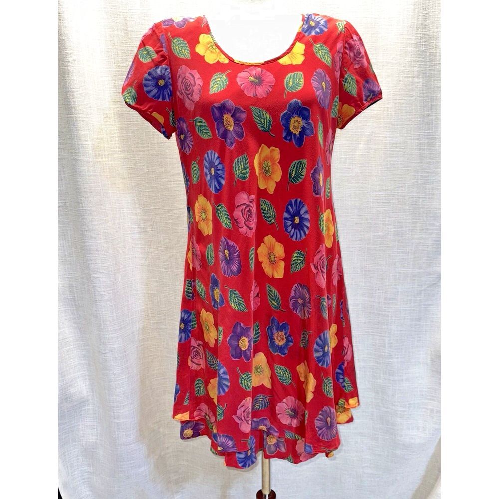 Liz Claiborne Silk Floral Dress Womens 8 Red Cottagecore Summer Boho Vintage